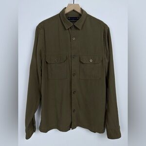 AllSaints Relaxed Fit Shirt Men M Olive Button Front Viscose